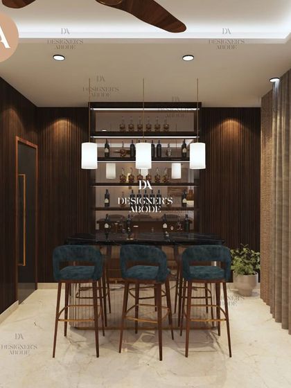This render shows a dedicated home bar with dark wood paneling and stylish blue bar stools. It's an example of how we can create specialized, luxurious spaces within a larger residential project.