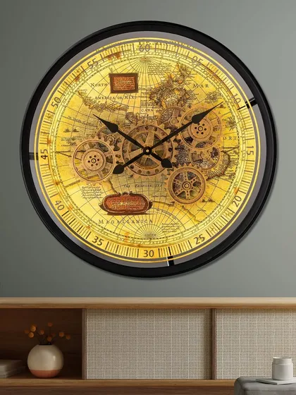 Our Timeless Tradition wall clock is a luxury designer piece with a moving gear mechanism and a built-in light that can be operated by remote. The vintage map background adds a classic, elegant touch.