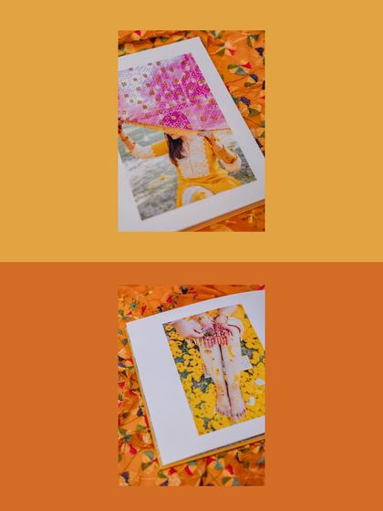 A collage showing the exterior and interior of a custom wedding album, highlighting the photo quality and design.