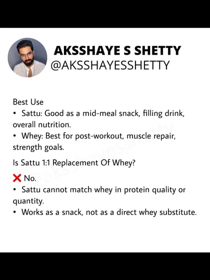 While sattu is a nutritious snack, it cannot replace whey protein for muscle building. Whey is a complete, protein-dominant source ideal for post-workout recovery, whereas sattu is a carbohydrate-dominant food with some protein.