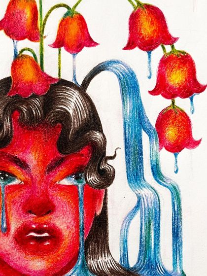 Another detail shot, focusing on the character's expressive eyes and the cascading waterfalls.