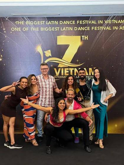 The whole crew having fun at the Vietnam International Latin Festival. We traveled, performed, and made the most of every moment together.