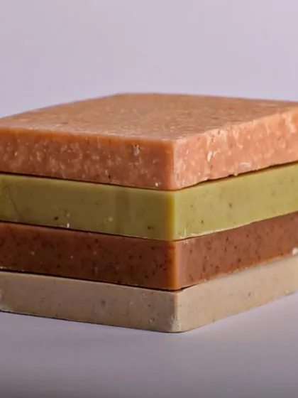 A stacked view of our trial pack soaps. Each 45-gram bar offers a different scent and skincare benefit, making it a wonderful, zero-waste gift or a great way to find your favorite.