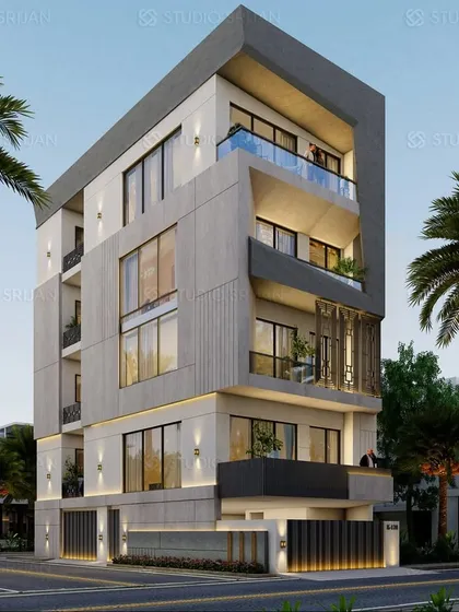 This modern residence in Kirti Nagar, New Delhi, showcases our love for clean lines, mixed materials, and creating a strong street presence. I designed this facade to be both elegant and imposing, using a combination of stone cladding and large glass panels to balance privacy with natural light.