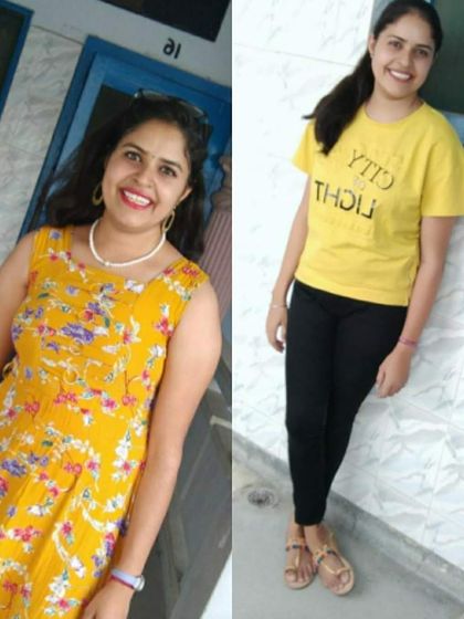 A student's transformation achieved through our online group yoga classes. Notice the change not just in weight but in posture and overall appearance.