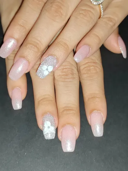 A full view of the custom engagement nail set, designed to be special for the big day.