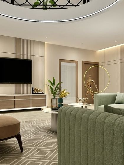 A harmonious living space where soft green and brown tones create a calming atmosphere. The design uses wall paneling, geometric patterns, and indoor plants to achieve seamless elegance.