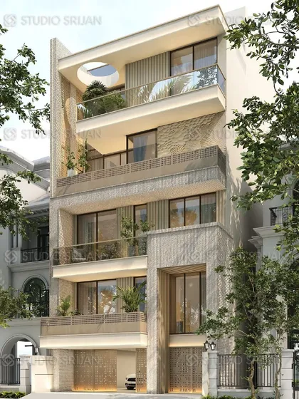 An angled view of a 247 sq. yard home in Prashant Vihar, blending classical stone textures with modern forms. The circular opening on the terrace roof is a contemporary twist on a classic dome or oculus.