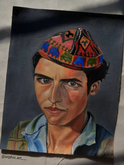This is an oil portrait of a man wearing a traditional embroidered cap. I was drawn to the intricate patterns and colors of the cap and the subject's intense gaze.