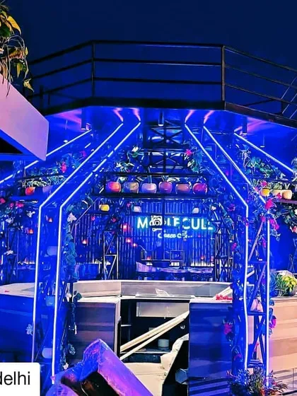 For the launch of Molecule Air Bar in Delhi, we integrated a mix of real and artificial plants into their futuristic bar structure. Hanging plants and floral arrangements soften the neon and metal framework, blending nature with modern design.