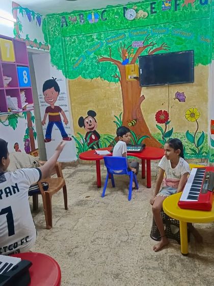 A view of our colorful and kid-friendly classroom in Mumbai, designed to be a welcoming and inspiring space for learning music.