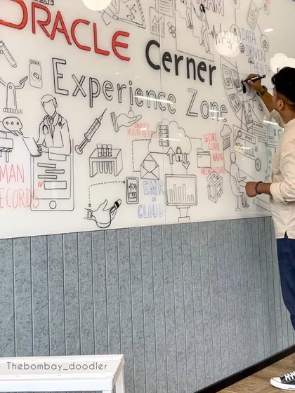 This shot captures me working on the health-tech mural for Oracle. You can see how I map out different zones on the glass, from human records to virtual health, creating a visual flowchart of their services.