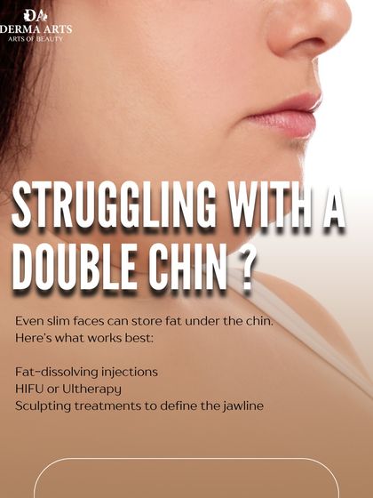 This image details solutions for a double chin, including fat-dissolving injections, HIFU or Ultherapy, and other sculpting treatments to define the jawline.