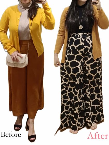 A client's before and after transformation. We moved from a look that felt dated to a modern, flattering outfit that better reflects her personality and style.