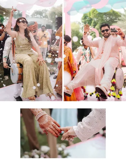 A fun-filled Mehendi entry on a dhol. We capture the unique and energetic ways our couples choose to celebrate, telling a story of desi madness and joy.