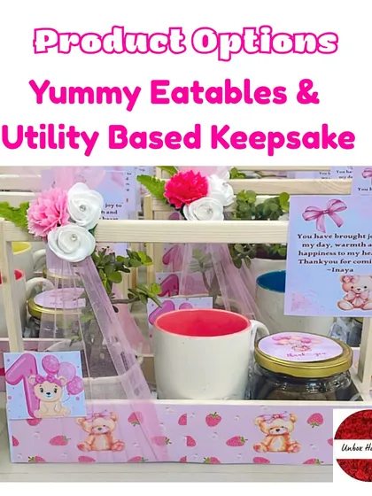 This image reiterates the product options, showing the useful mug and jar of treats that make a perfect return gift.
