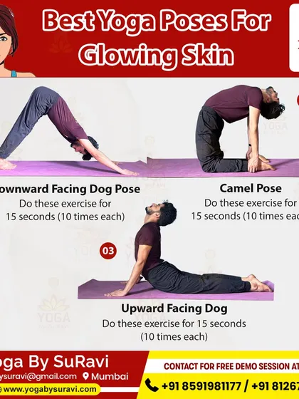 Achieve glowing skin naturally with yoga. Poses like Downward-Facing Dog and Camel Pose boost blood circulation and help detoxify the body.