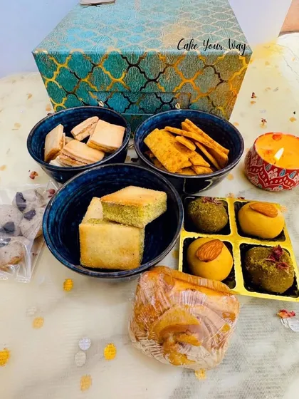 Another view of the contents of my premium 'Swaad-e-Diwali' hamper, showing the variety of textures and flavors I include in one box.