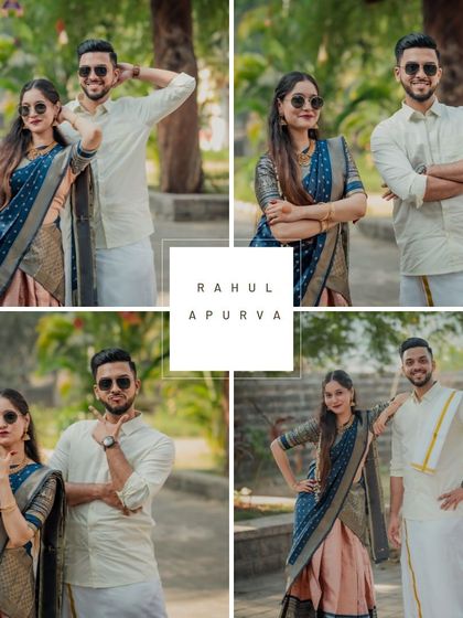 A fun and stylish collage from a cross-cultural pre-wedding shoot. The couple poses with playful and cool expressions, showing off their modern take on traditional attire.