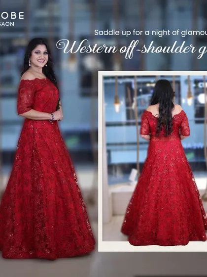 Saddle up for a night of glamour in this stunning red off-shoulder lace gown. It's a classic and elegant choice, available for rent.