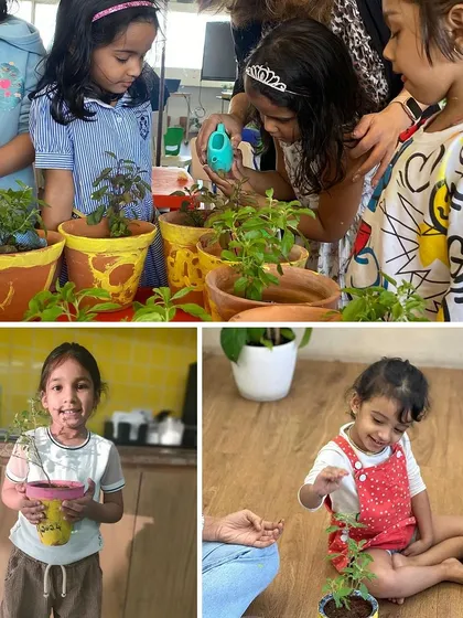 A collage of proud moments from our gardening workshop, as children show off the plants they've potted.
