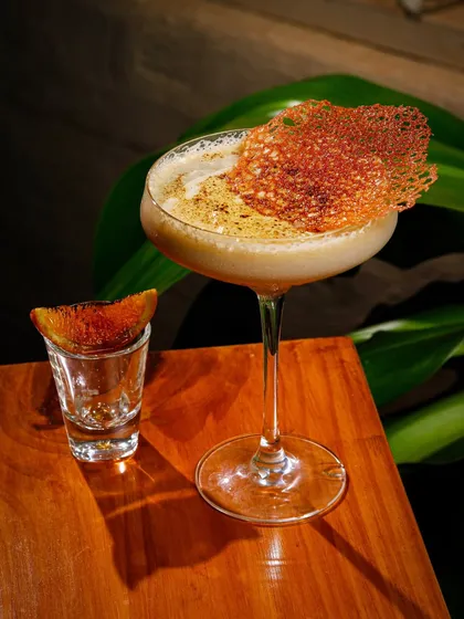 A sophisticated cocktail with an intricate garnish, shot with harsh light and shadow to create a moody, artistic look.