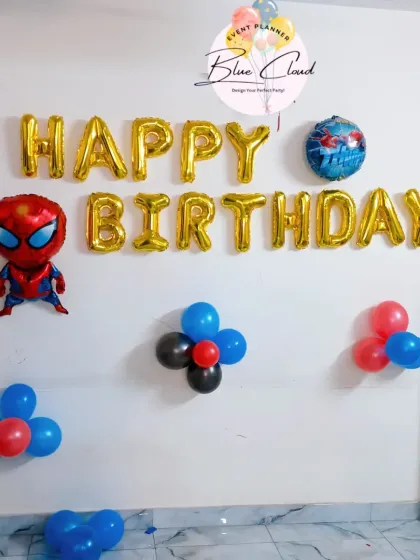 A simple Spiderman-themed wall decoration with 'Happy Birthday' foil letters and character balloons.