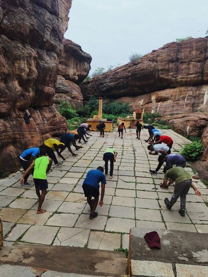 Morning stretches and exercises are a vital part of our daily routine at the Advance Rock Climbing Course in Badami.