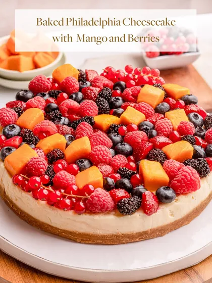 A full view of the Baked Philadelphia Cheesecake with Mango and Berries, a highlight of my seasonal Mango Collection.