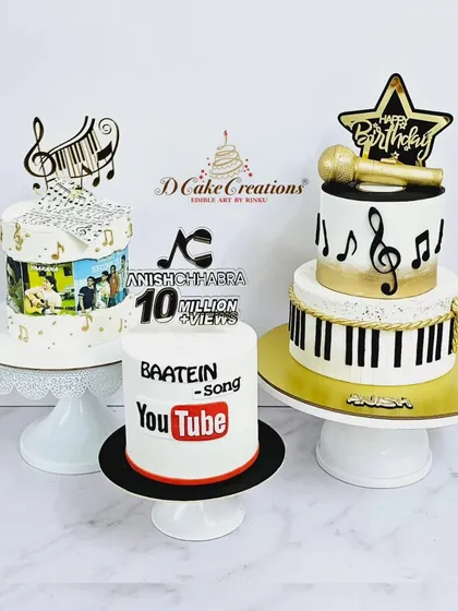 A trio of music-themed cakes designed for Anish Chhabra's birthday and song launch party, featuring pianos, microphones, and music notes.