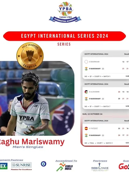 The hard work pays off. This is one of our players, Raghu Mariswamy, clinching the Gold Medal in Men's Singles at the Egypt International Series. We don't just train, we build champions.