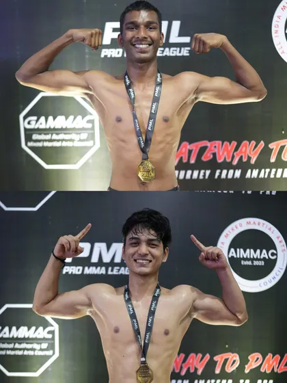 Two of our champions, Daksh and Ayush, flexing with their gold medals. This is the new team, built from zero, now standing at the top.