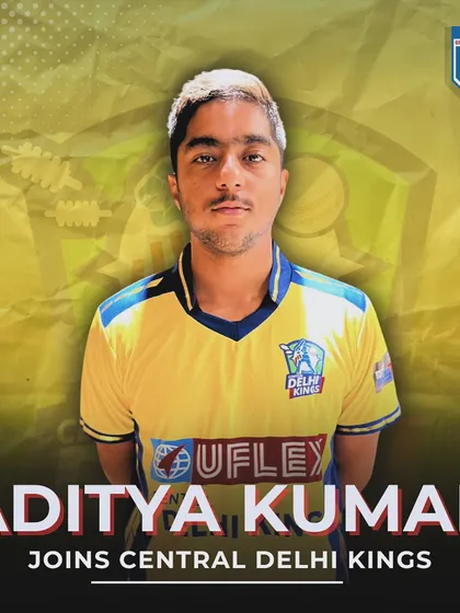A graphic celebrating Aditya Kumar joining the Central Delhi Kings for the DPL. From our nets to the big league.