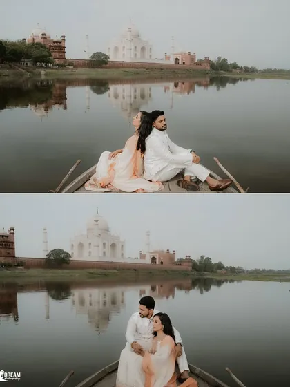 Two poses from a boat on the Yamuna river, offering different perspectives of the couple against the majestic Taj Mahal, capturing both posed and candid feelings.