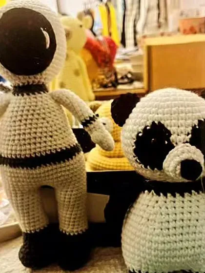 An unlikely pair ready for an adventure. Here’s a crochet astronaut and a panda, showcasing the variety of custom toys I can create. Perfect for storytelling and imaginative play.