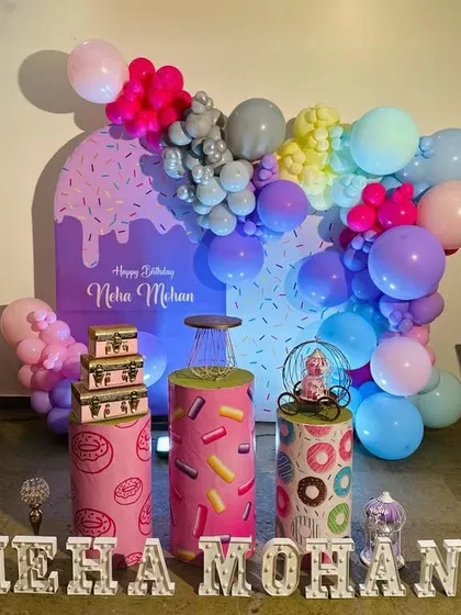 A shot of the sweets-themed party with different lighting, showing how it looks in the evening.