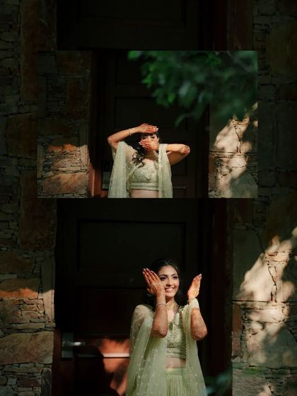 A collage of the bride during her Mehendi, showing her playful and happy expressions as she peeks through her henna-covered hands.