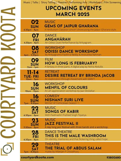 Our detailed event calendar for March 2025, showcasing a packed month of music, dance, workshops, film, comedy, and theatre.