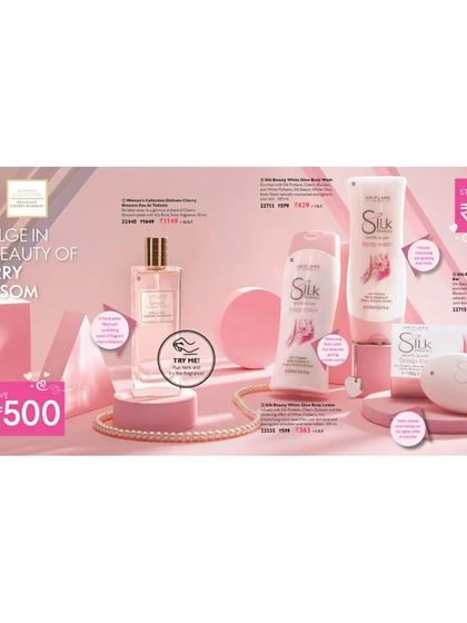 A product family shot for the 'Silk' cherry blossom collection, including perfume, lotion, and soap. The use of pink geometric shapes and a pearl necklace reinforces the brand's theme of indulgence.