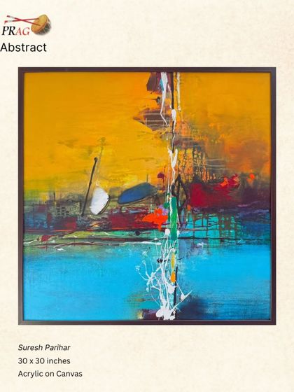 A vibrant abstract by Suresh Parihar, where contrasting fields of yellow and blue are activated by energetic splashes of white paint.
