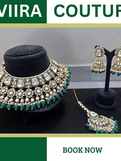 The complete bridal jewellery set, featuring a necklace, earrings, and Maang Tikka. This stunning Kundan set is now available for rent.