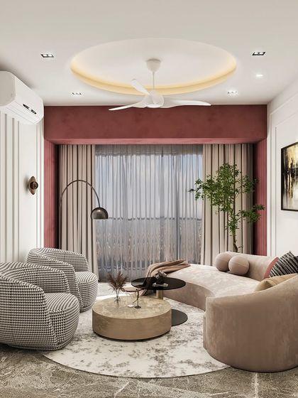 This render showcases a neo-classic living room with plush, curved furniture and refined details. Visualization is a key step in our process, ensuring every element works in harmony.