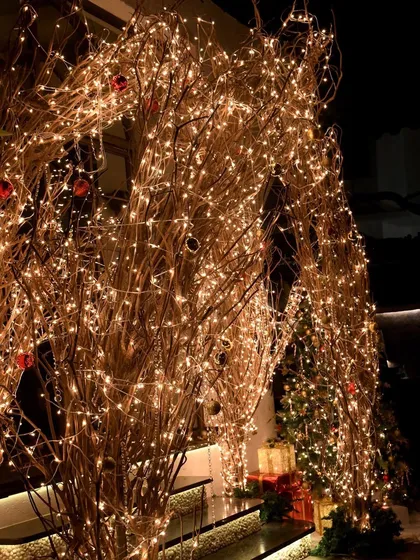 For the Christmas decor at Tori restaurant, we created this stunning entrance arch made of natural branches wrapped in thousands of warm fairy lights.