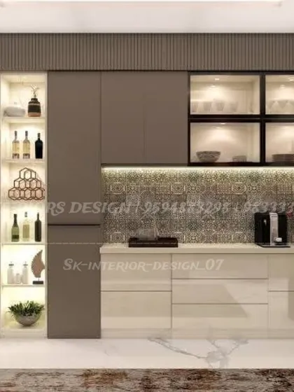 A sophisticated crockery unit combining dark wood tones with a patterned tile backsplash. The open, lit shelves are perfect for displaying wine bottles and decorative objects.