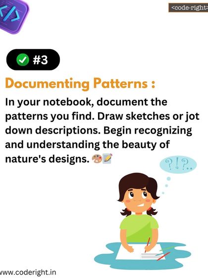Step 3: Documenting Patterns. In their notebooks, they draw sketches or write descriptions of the patterns they find, learning to recognize nature's designs.