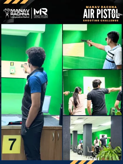 A collage capturing the dynamic atmosphere of our 10m range during a competition. From a wide view of the firing line to close-ups of individual shooters, the energy is palpable.