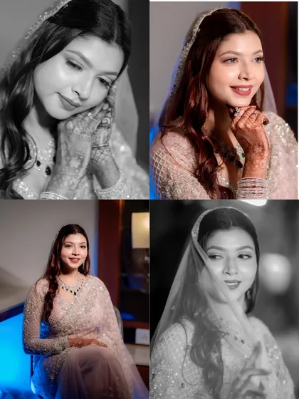A mix of color and black and white close-up portraits, capturing the bride's joyful expressions and the fine details of her look.