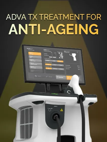 This graphic highlights the ADVA Tx as a premier anti-aging treatment. Its technology is specifically designed to restore skin's smoothness and radiance.