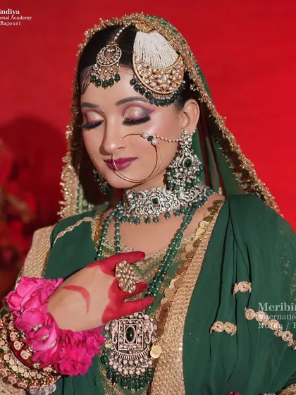 A detailed shot focusing on the harmony between the intricate jewelry, the passa on the side of the head, and the flawless makeup application.