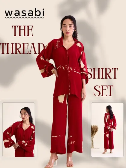 The Thread Shirt set is crafted in pure crepe and features delicate hand embroidery on the collar and placket. It brings a touch of luxury to a comfortable, oversized silhouette.